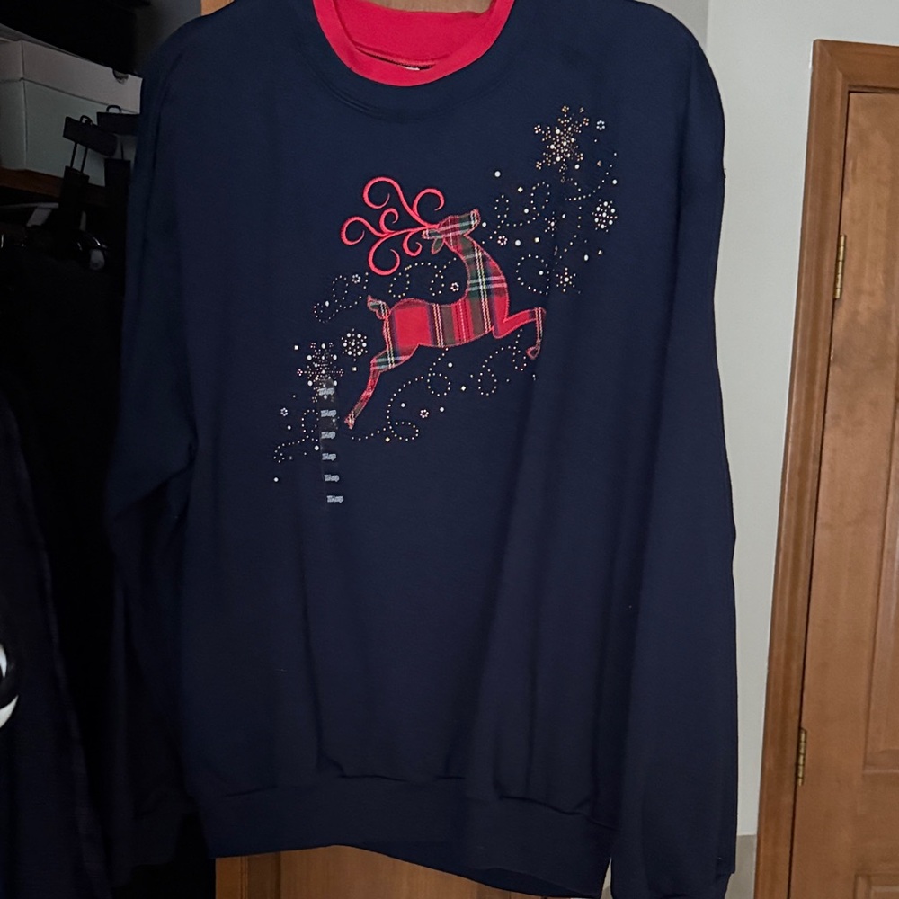 Women’s Navy Crewneck Sweatshirt with Red Plaid Reindeer -